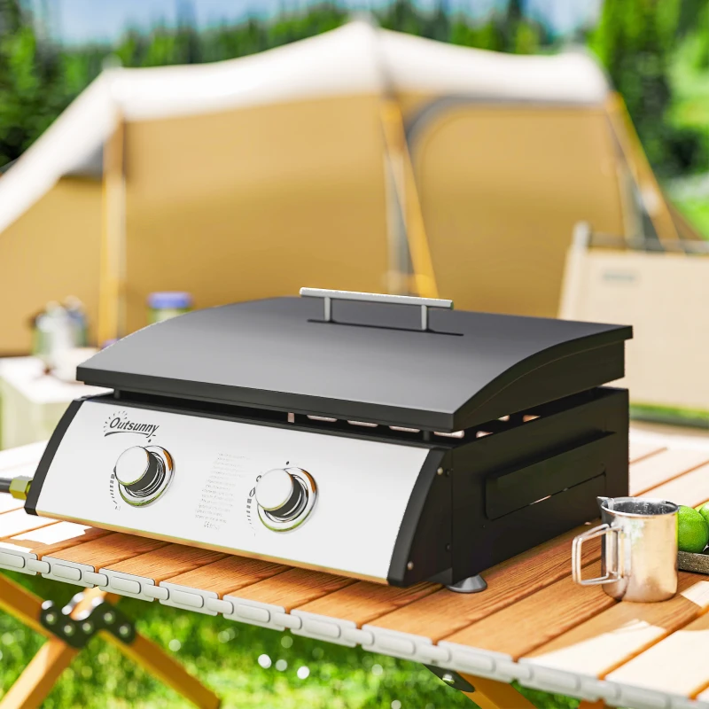 Outsunny 2 Burner Liquefied Gas Grill, Portable Tabletop BBQ Grill, for Camping, Picnic, Silver