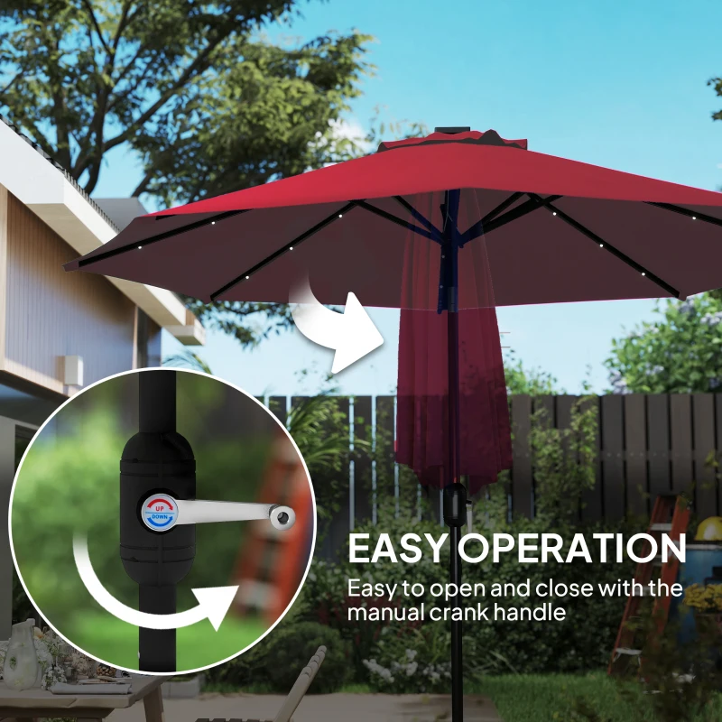 Outsunny 9ft Solar Patio Umbrella Outdoor Sunshade 24 LED Lights Tilt Canopy Wine Red