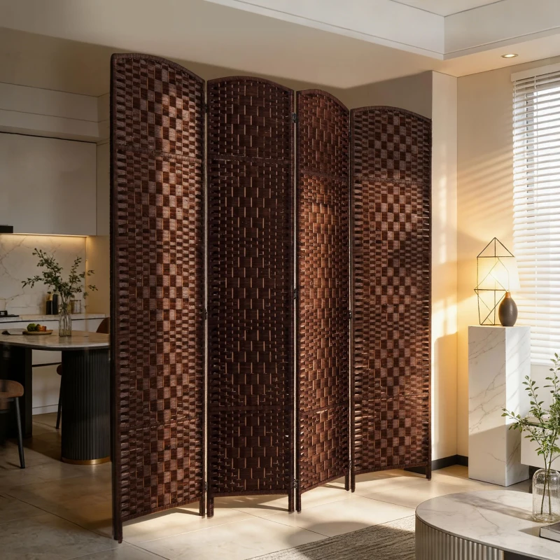 HOMCOM Room Divider 4 Panel, 6FT Tall Folding Privacy Screen, Freestanding Hand-Woven Partition for Room Separation with 360° Hinges, Paper Rope Diamond Weave, Brown