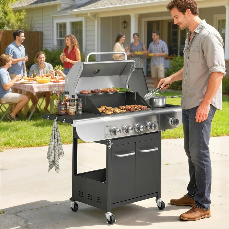 Outsunny 4 Burner Propane Gas Grill with Side Burner, 53,000 BTU BBQ Grill with Cast Iron Grates, Wheels, Warming Rack, Cabinet