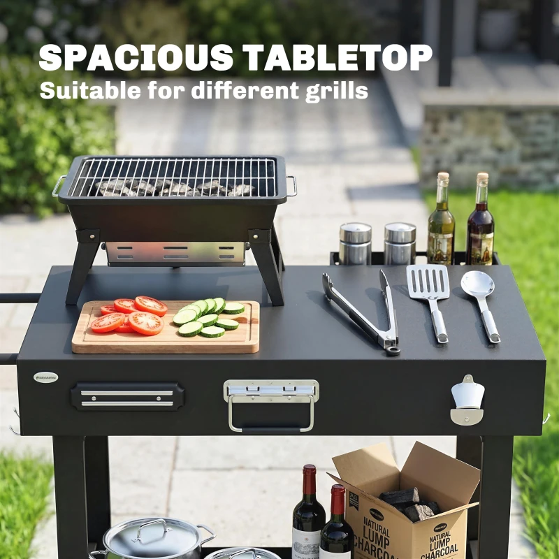 Outsunny Outdoor Grill Cart, Folding Grill Table with Magnetic Knife Holder, Hooks, Spice Rack, Paper Rack, Black