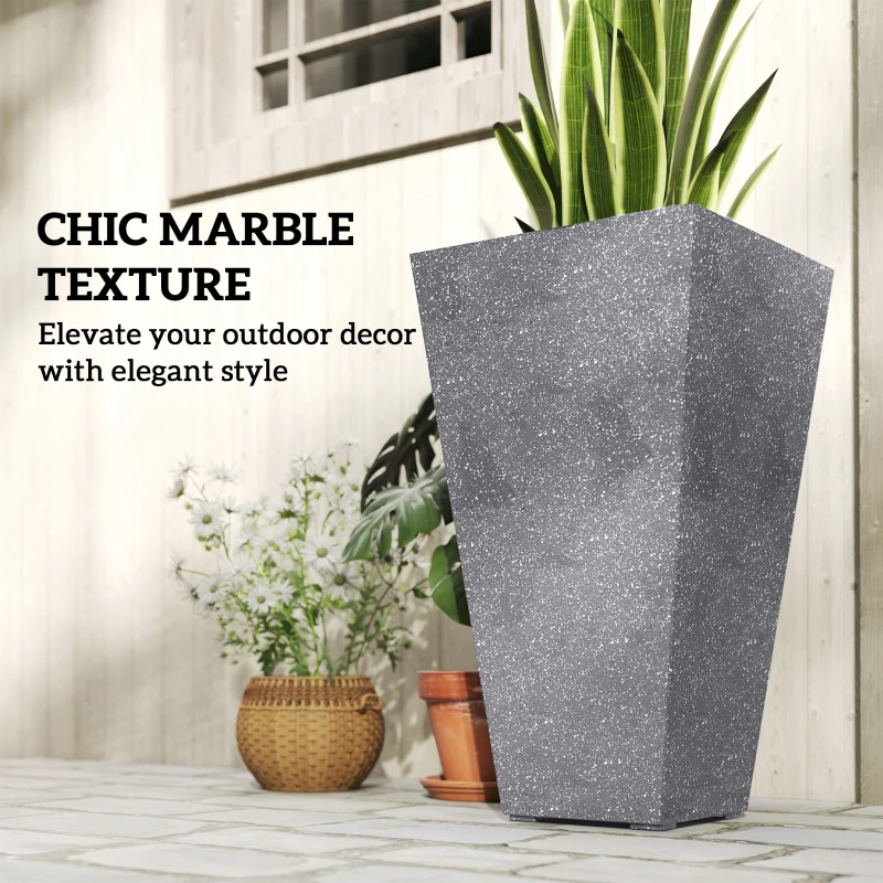 Outsunny 28" Tall Planters, Set of 3 Plastic Flower Pots with Marble Finish and Drainage Holes, Stackable Taper Planters, Gray