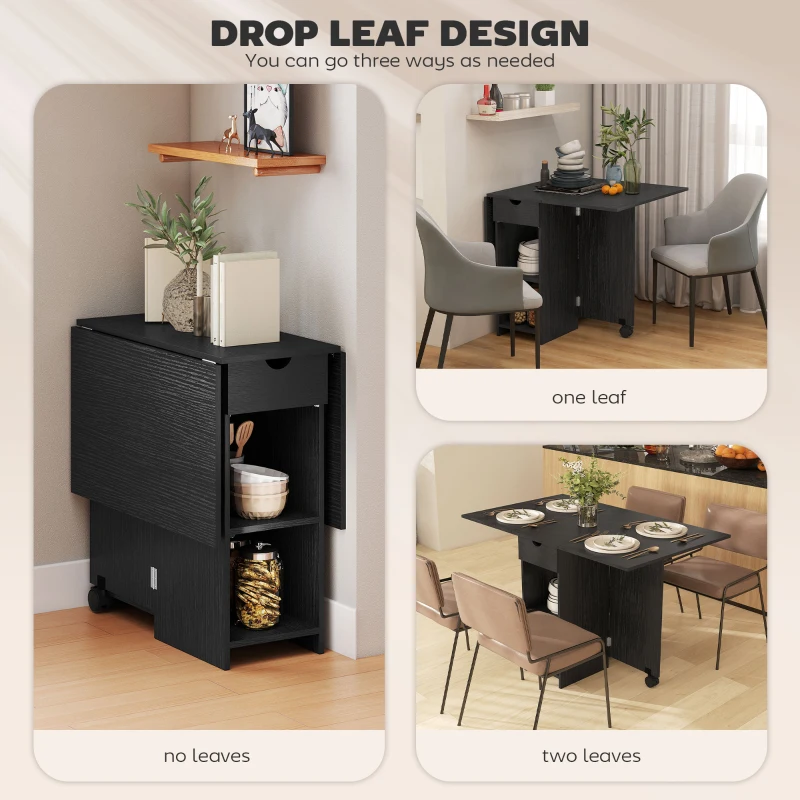 HOMCOM Folding Dining Table with Storage, Drop Leaf Kitchen Table with Drawer and Shelves for Small Spaces, Black