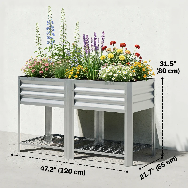 Outsunny Raised Garden Bed with Legs Storage Shelf Elevated Planter Box 31.5" for Flowers Vegetables Silver
