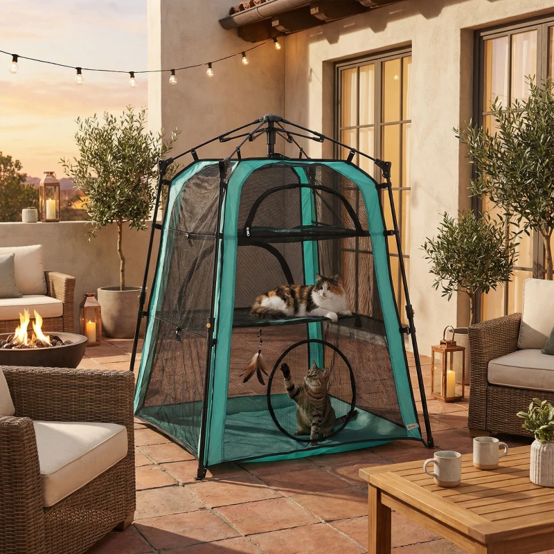 PawHut Cat Tent, 3-Tier Portable Pet Tent for Indoor Outdoor, Cat House with Multi-Door, Carry Bag, Breathable Mesh