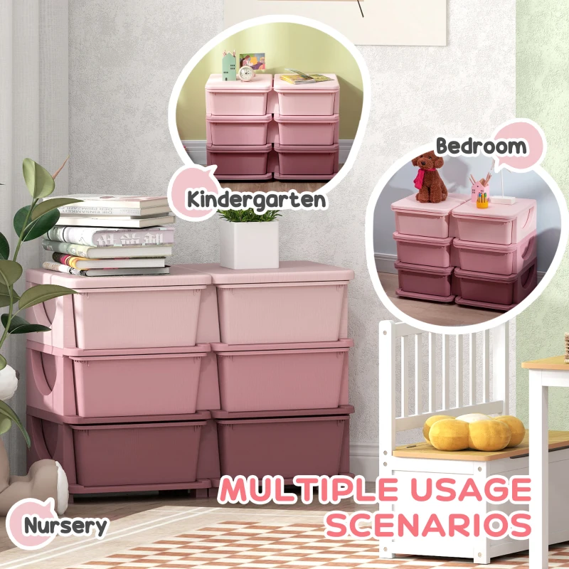 Qaba 3 Tier Kids Toy Organizer and Storage Bins with 6 Plastic Drawers, Pink