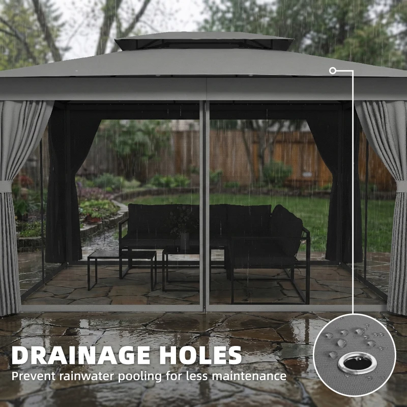 Outsunny 10' x 12.5' Outdoor Gazebo with Curtains and Netting, Double Roof Metal Patio Gazebo Canopy Shelter with Hook, Dark Grey