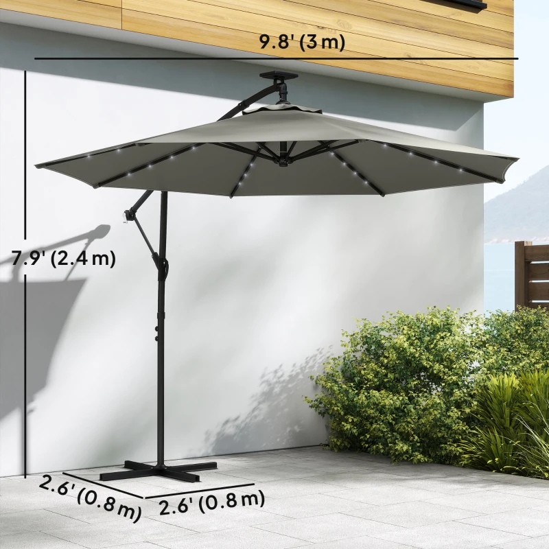 Outsunny 9.7 ft Cantilever Patio Umbrella with Solar Light, Garden Hanging Parasol with Cover, Tilt, Crank, Grey
