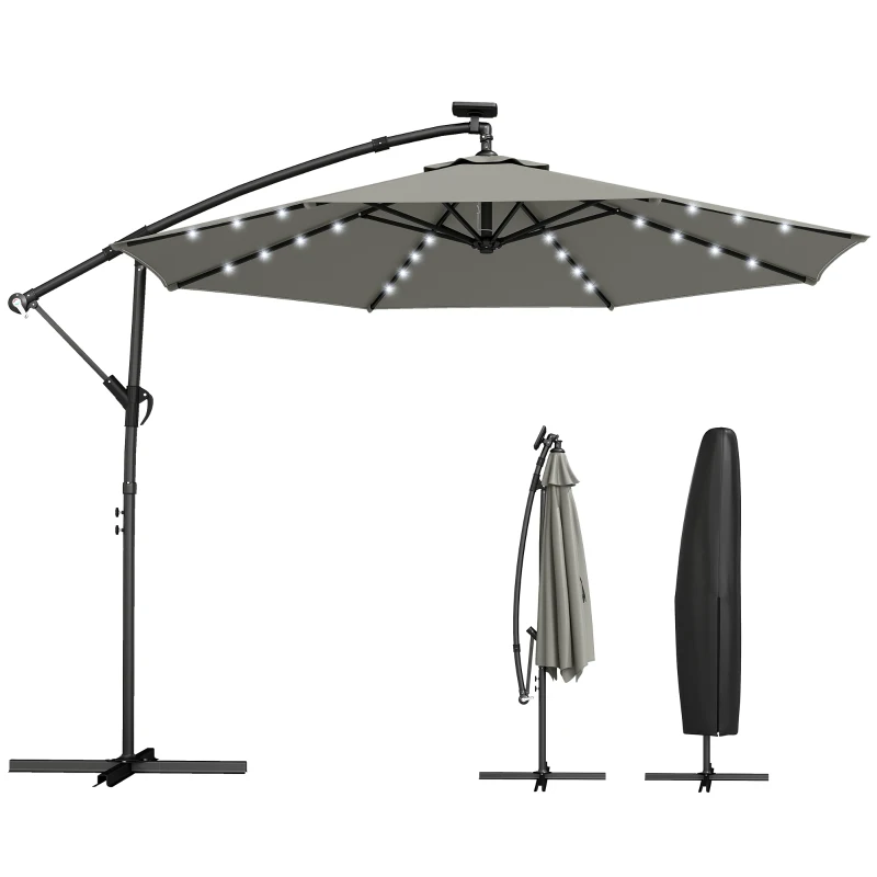 Outsunny 9.7 ft Cantilever Patio Umbrella with Solar Light, Garden Hanging Parasol with Cover, Tilt, Crank, Grey