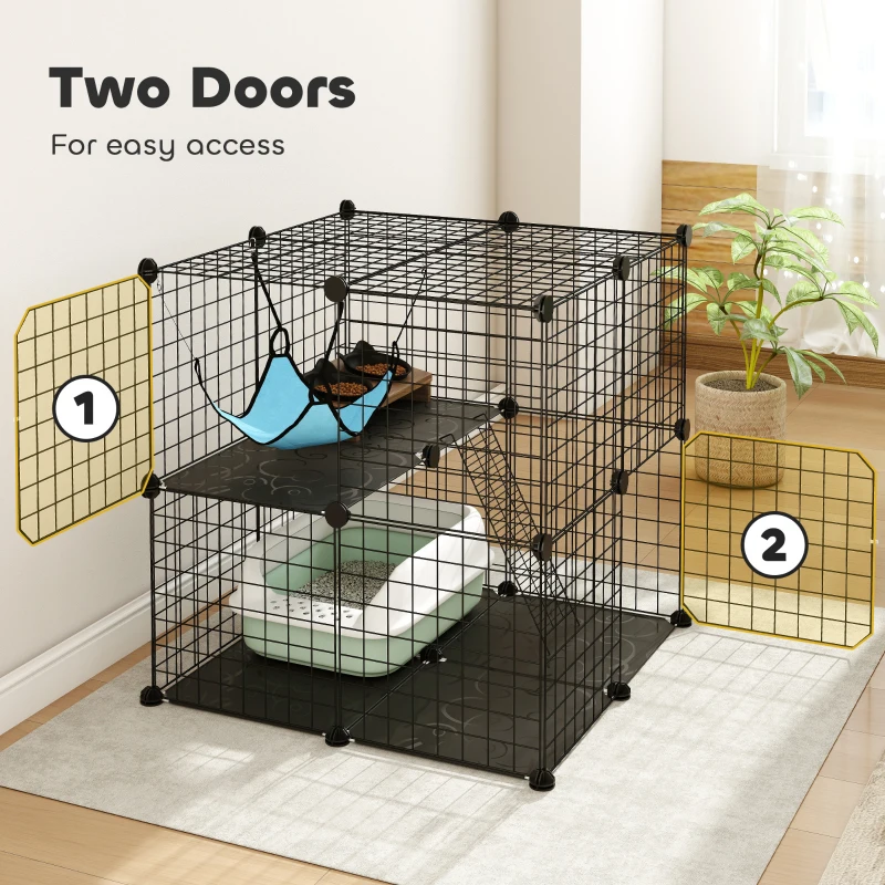 PawHut 2 Tier Cat Cage Crate, DIY Pet Playpen with 2 Doors, Ladder, Hammock, Perch, Indoor Playpen for Kittens, Black