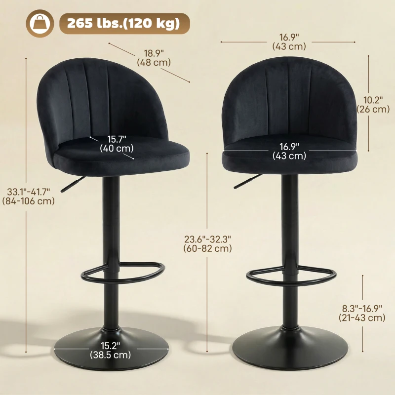 HOMCOM Bar Stools Set of 2, Swivel Counter Height Barstools with Footrest, Black