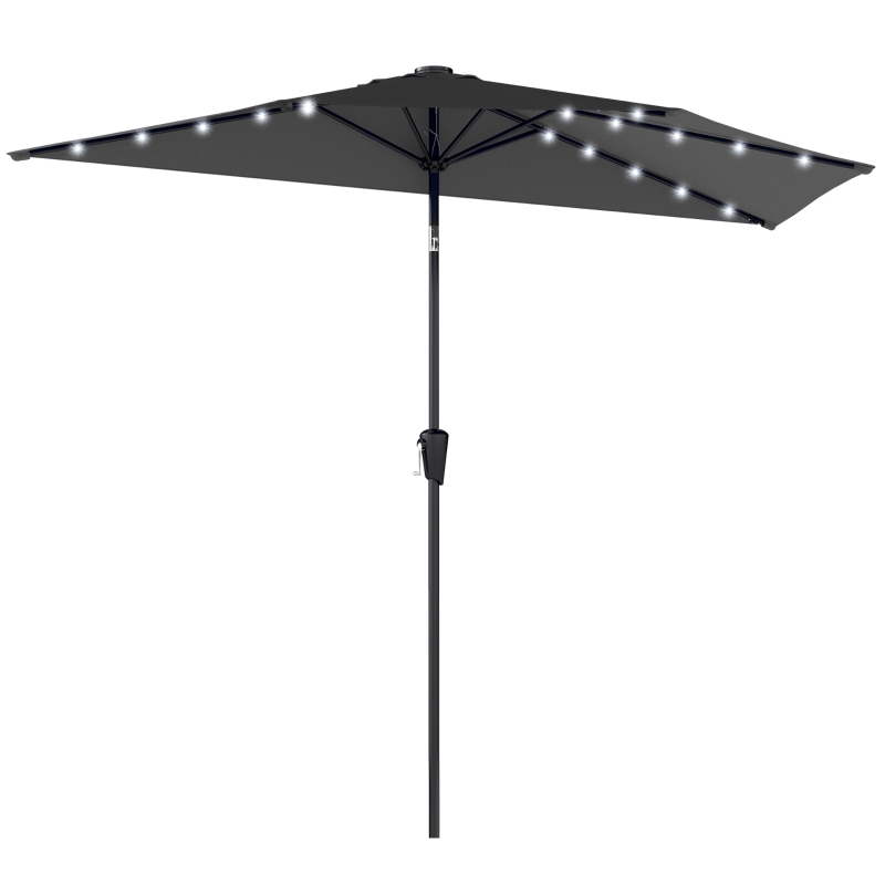 Outsunny Half Outdoor Patio Umbrella with Solar LED Lights Half Umbrella with Crank 105.1" x 53.5" Black