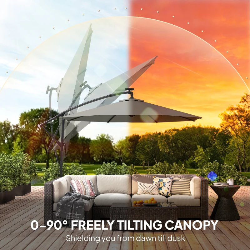 Outsunny 9.7 ft Cantilever Patio Umbrella with Solar Light, Garden Hanging Parasol with Cover, Tilt, Crank, Grey