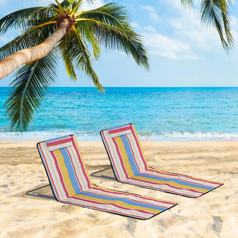 Outsunny Set of 2 Beach Lounge Chair Sun Lounger Beach Mat, Padded Folding Ground Mat Lounge Chair w/Adjustable Back, Steel Frame, Head Pillow and Carry Bag for Backyard Lakeside, Colorful Stripes