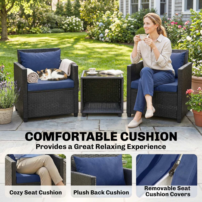Outsunny 3 Piece Patio Bistro Set, Wicker Furniture Set with Thick Cushions, Glass Coffee Table and Chairs for Garden, Dark Blue