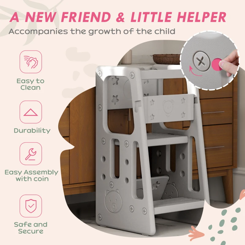 Qaba Toddler Tower with Adjustable Height, Toddler Kitchen Stool Helper with Anti-slip Mat, Step Stool for Kitchen, Bathroom, Gray