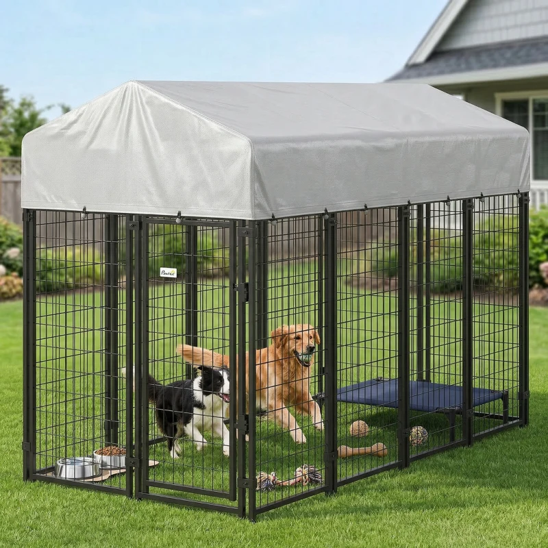 PawHut Outdoor Dog Kennel with Roof, 8' x 4' x 6' Heavy Duty Welded Wire Dog Playpen Enclosure with Escape-proof Lock