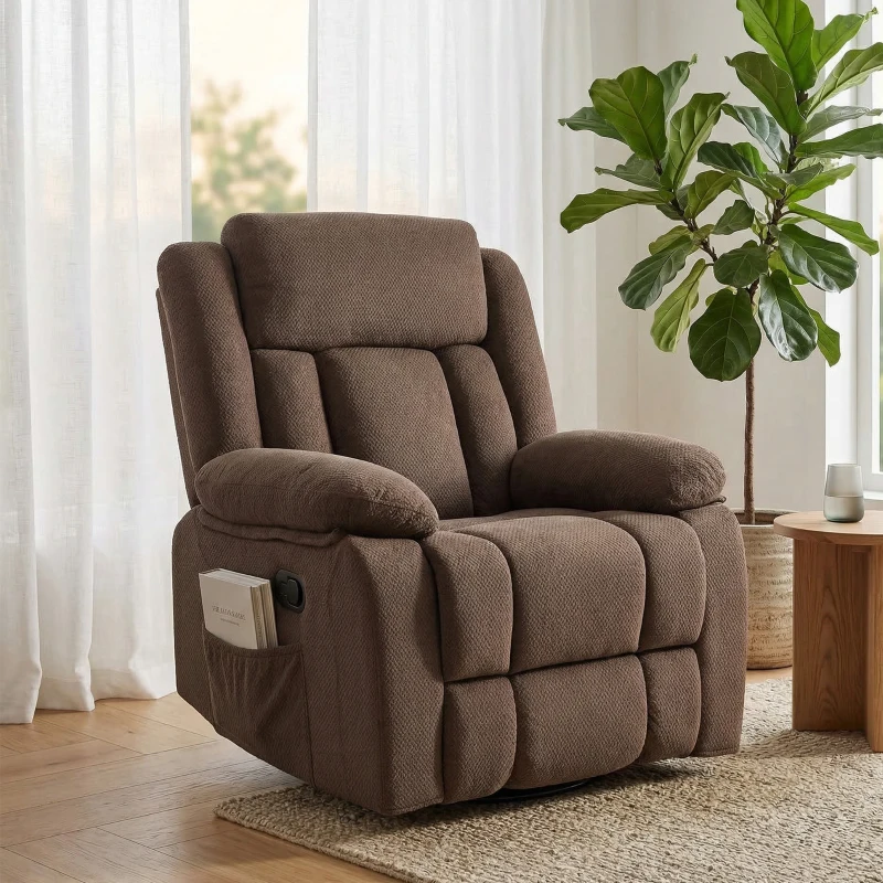HOMCOM Recliner Massage Armchair with Heat, Oversized Swivel Rocker with Footrest, Remote and Side Pockets, Brown