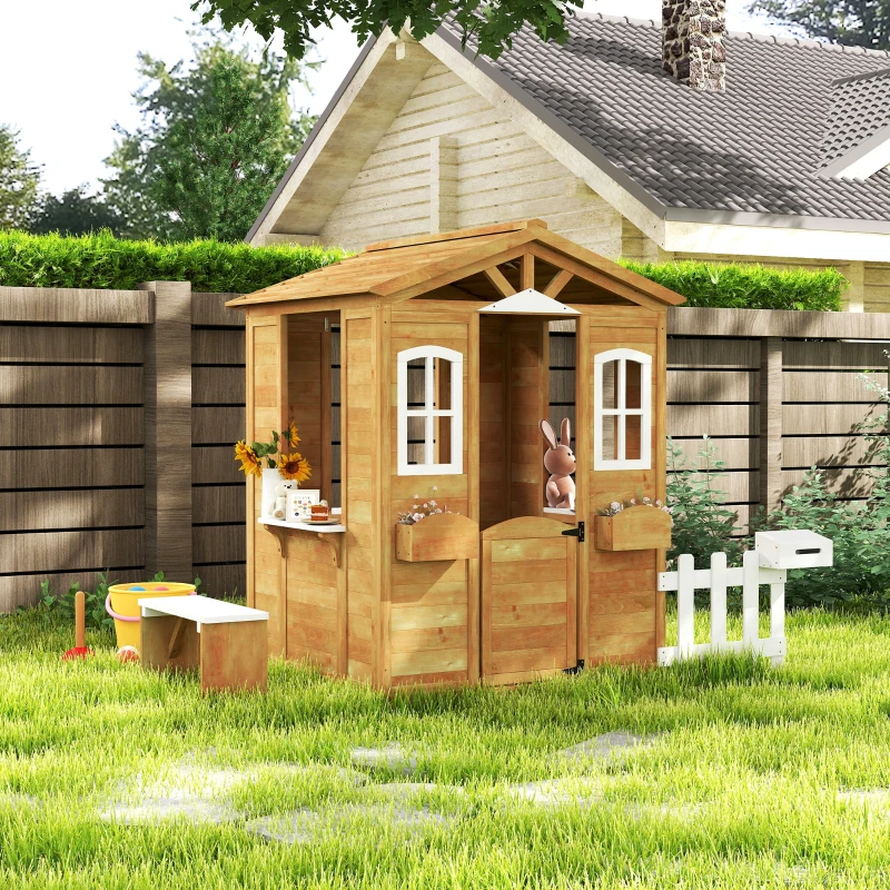 Outsunny Outdoor Playhouse for Kids Wooden Cottage with Working Doors Windows & Mailbox, Pretend Play House for Age 3-6 Years