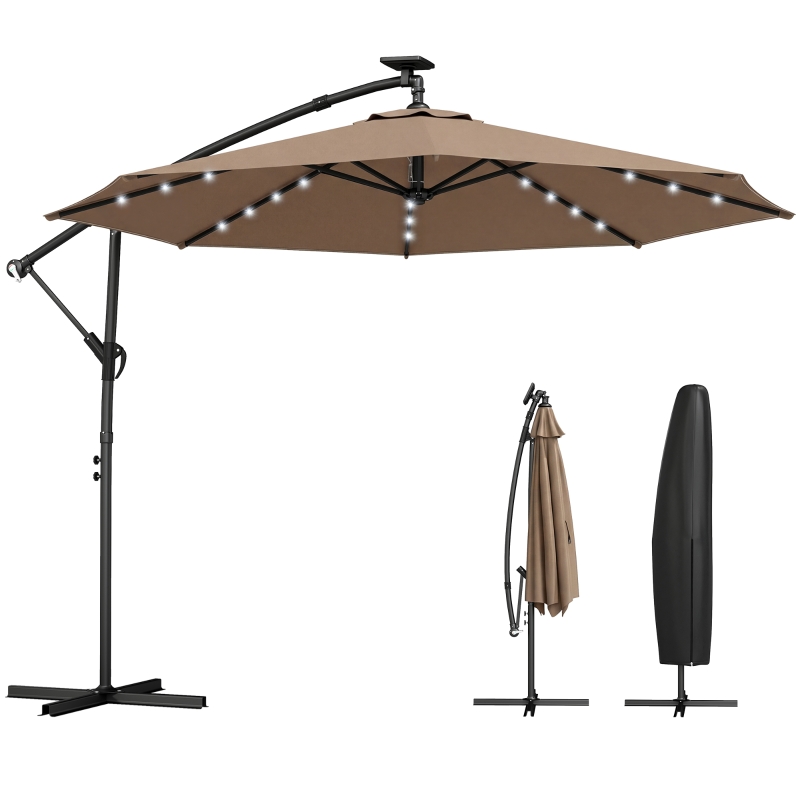 Outsunny 9.7 ft Cantilever Patio Umbrella with Solar Light, Garden Hanging Parasol with Cover, Tilt, Crank, Khaki