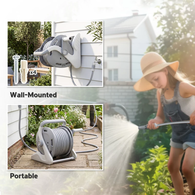 Outsunny Portable Garden Hose Reel, 1/2" x 66ft Wall Mounted Hose Reel with 2 Patterns Spray Nozzle and Crank Handle, Grey