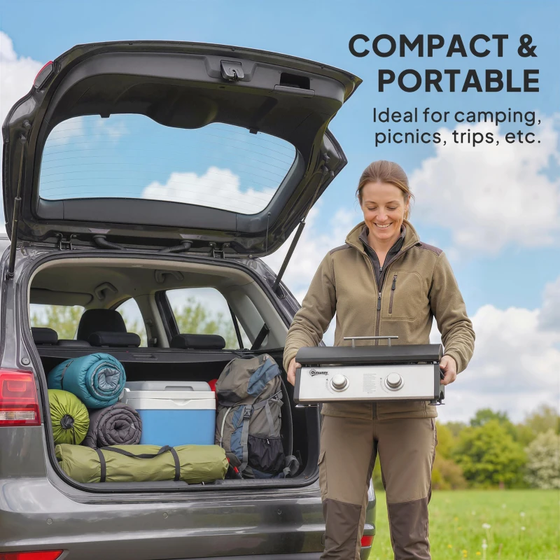 Outsunny 2 Burner Liquefied Gas Grill, Portable Tabletop BBQ Grill, for Camping, Picnic, Silver