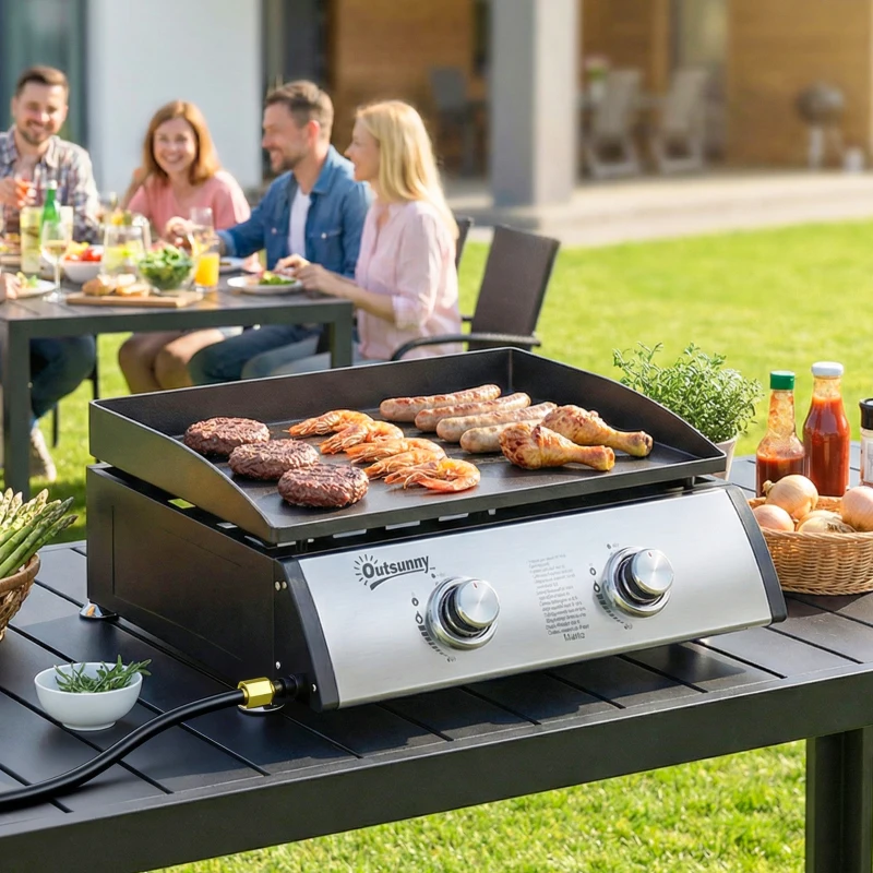 Outsunny 2 Burner Liquefied Gas Grill, Portable Tabletop BBQ Grill, for Camping, Picnic, Silver