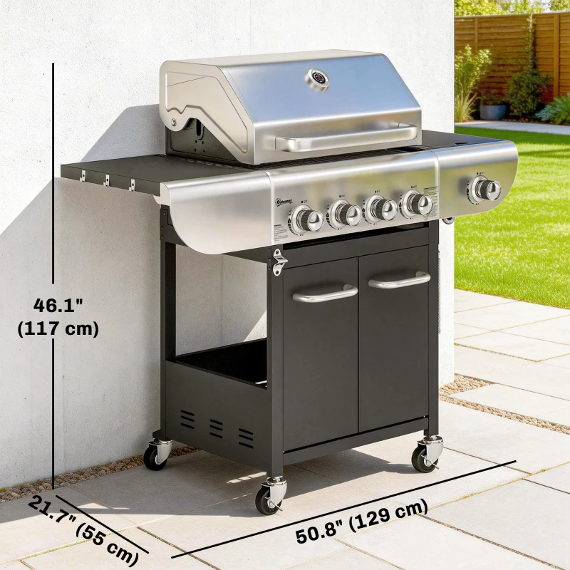Outsunny 4 Burner Propane Gas Grill with Side Burner, 53,000 BTU BBQ Grill with Cast Iron Grates, Wheels, Warming Rack, Cabinet
