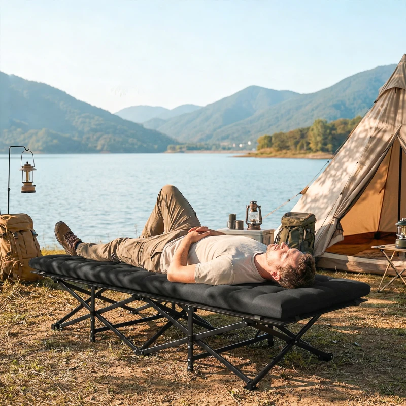 Outsunny Camping Cot with Soft Pad, 32" Extra Wide Folding Cots with Non-Slip Feet and Carry Bag, Black