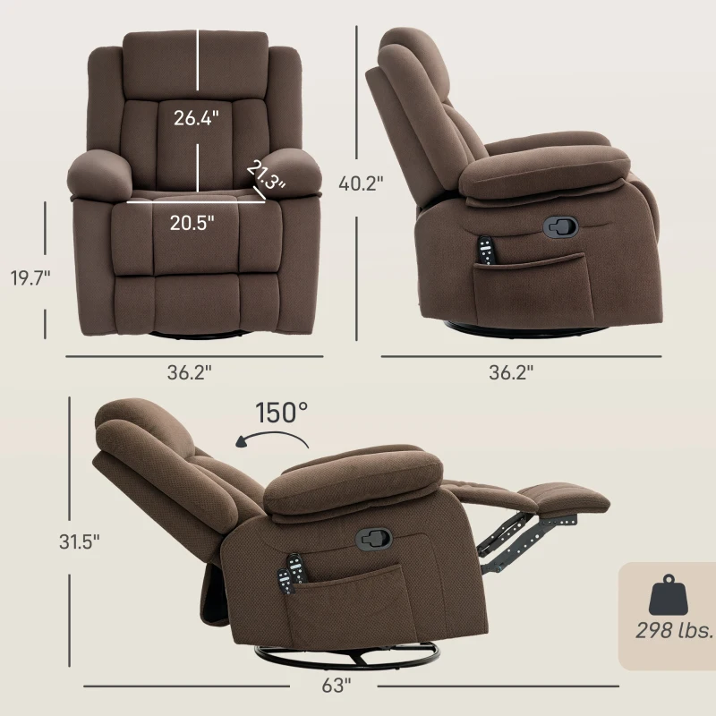 HOMCOM Recliner Massage Armchair with Heat, Oversized Swivel Rocker with Footrest, Remote and Side Pockets, Brown