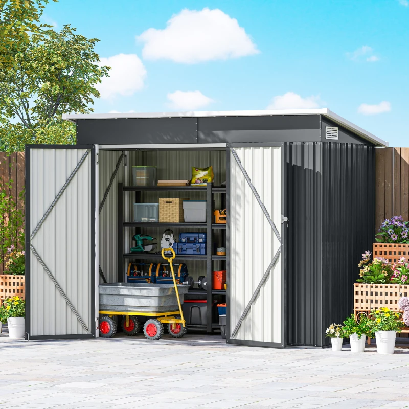 Outsunny 7.5' x 4.3' Outdoor Storage Shed, Waterproof Metal Garden Shed with Lockable Doors, for Backyard, Lawn, Patio, Dark Grey
