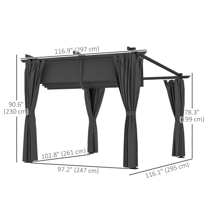 Outsunny 8' x 8.5' Metal Retractable Pergola Canopy with Sidewalls, Outdoor Gazebo UPF30+ Sun Shade Shelter for Garden, Deck