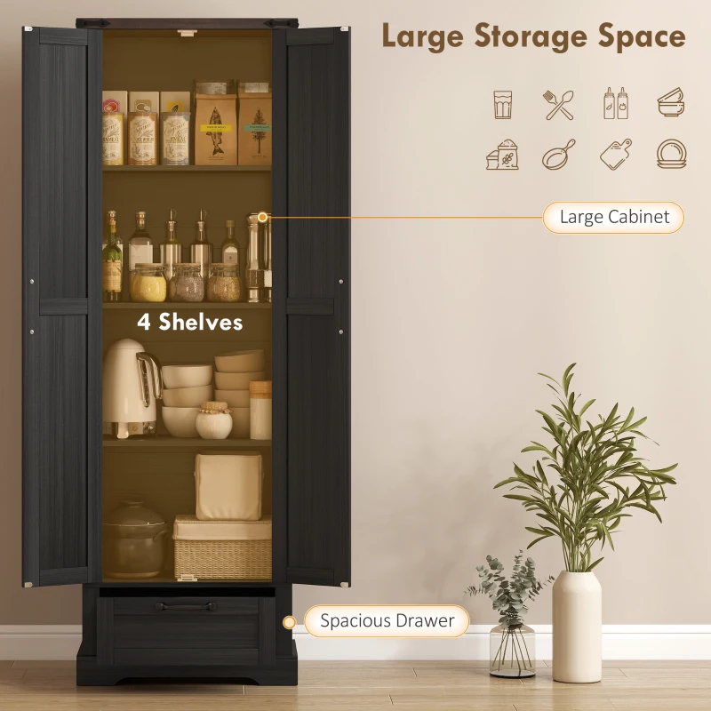 HOMCOM 71" Pantry Cabinet, Kitchen Storage Cabinet with Adjustable Shelves, Barn Doors and Drawer for Dining Room, Black