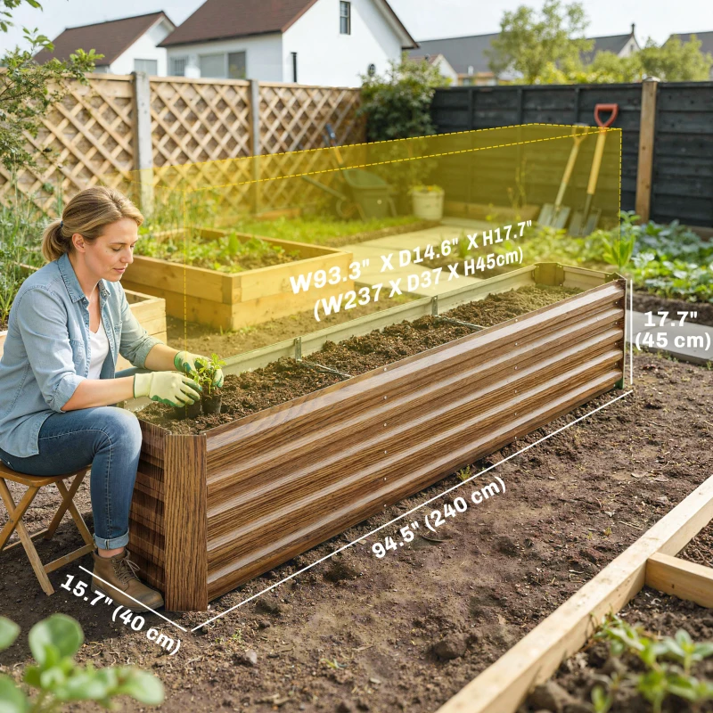 Outsunny 8 x 1.3 x 1.5ft Galvanized Raised Garden Bed, Reinforced Outdoor Planter Box with Open Bottom, Brown Wood Effect
