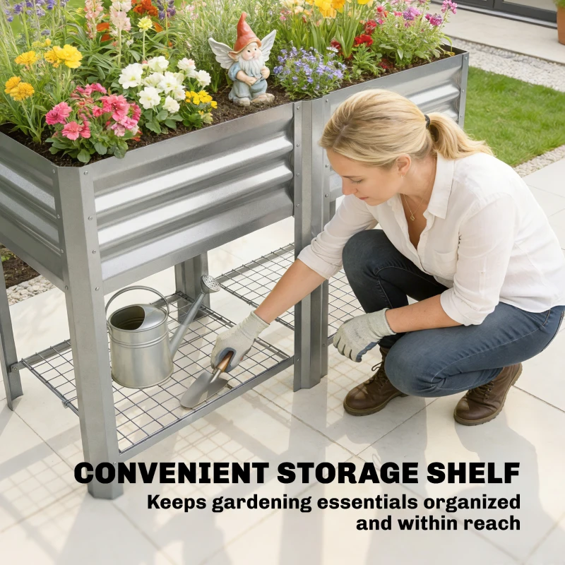 Outsunny Raised Garden Bed with Legs Storage Shelf Elevated Planter Box 31.5" for Flowers Vegetables Silver