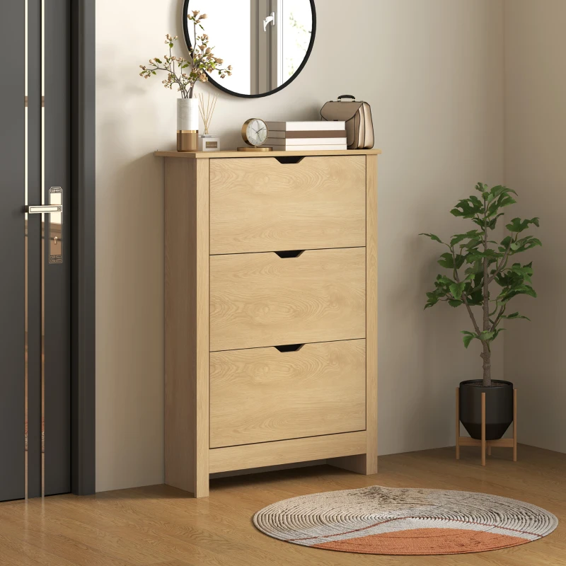 HOMCOM Shoe Storage Cabinet with 3 Flip Drawers and Adjustable Shelves for 18 Pairs of Shoes, Natural Wood
