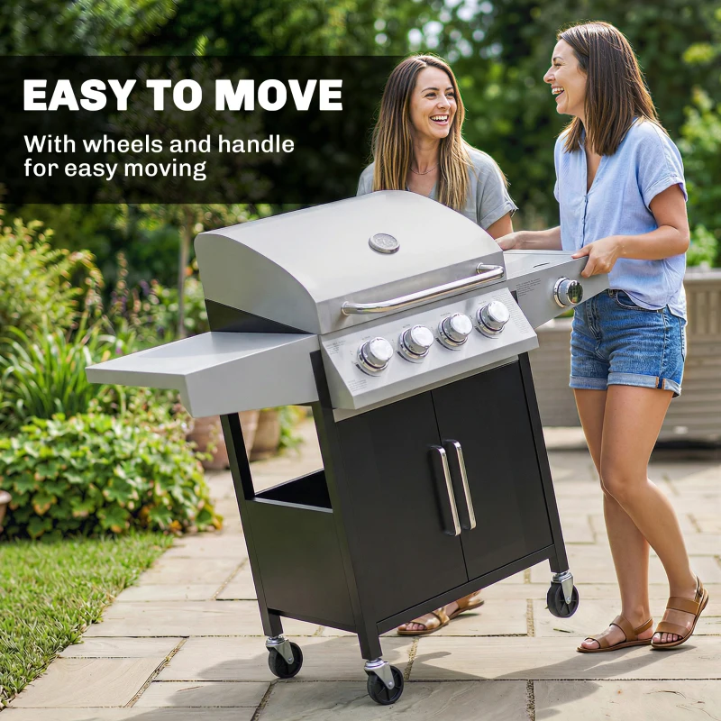 Outsunny 4+1 Burner Liquid Propane Gas Grill, Outdoor Portable BBQ Grill with Side Burner, Warming Rack, Side Shelf