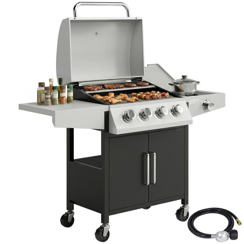 Outsunny 4+1 Burner Liquid Propane Gas Grill, Outdoor Portable BBQ Grill with Side Burner, Warming Rack, Side Shelf