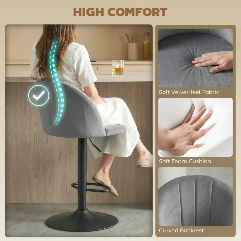 HOMCOM Bar Stools Set of 2, Swivel Counter Height Barstools with Footrest, Grey