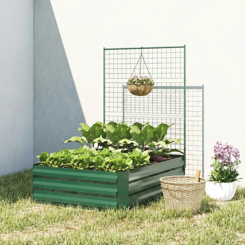 Outsunny Galvanized Raised Garden Bed with Trellis for Climbing Plants, Outdoor Planter Box with Open Bottom, Green