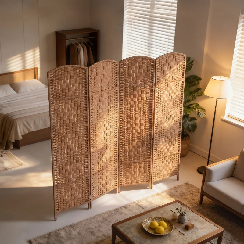 HOMCOM Room Divider 4 Panel, 6FT Tall Folding Privacy Screen, Freestanding Hand-Woven Partition for Room Separation with 360° Hinges, Paper Rope Diamond Weave, Natural