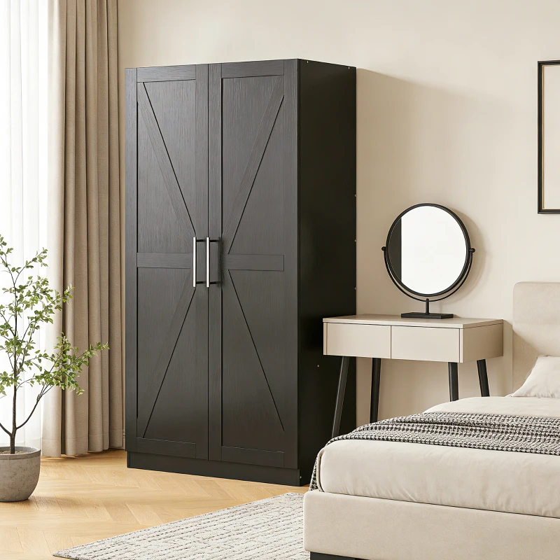HOMCOM Wardrobe Cabinet with 2 Barn Doors and Hanging Rod, Farmhouse Armoire Wardrobe Closet for Bedroom, Black Wood Effect