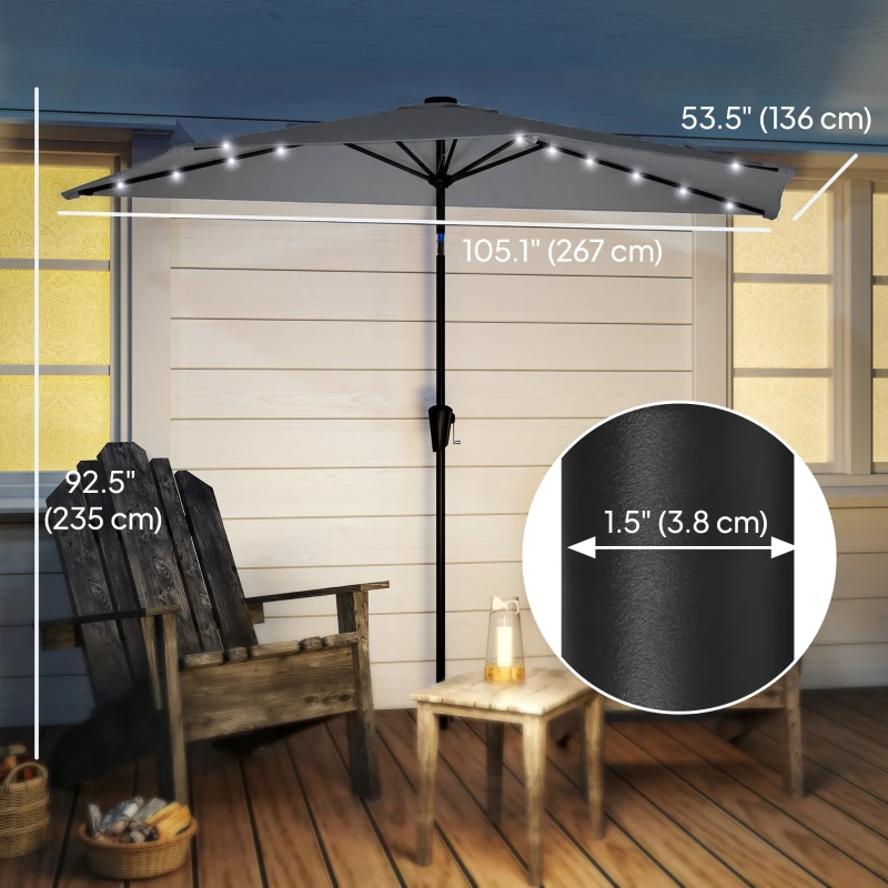 Outsunny Half Outdoor Patio Umbrella with Solar LED Lights Half Umbrella with Crank 9ft Dark Grey