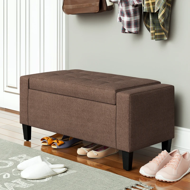 HOMCOM 36" Ottoman with Storage, Storage Ottoman Bench with Lift Top and Rubberwood Legs, Linen Upholstered Entryway Bench with Seating for Living Room, Bedroom, Holds up to 330 lb, Dark Brown
