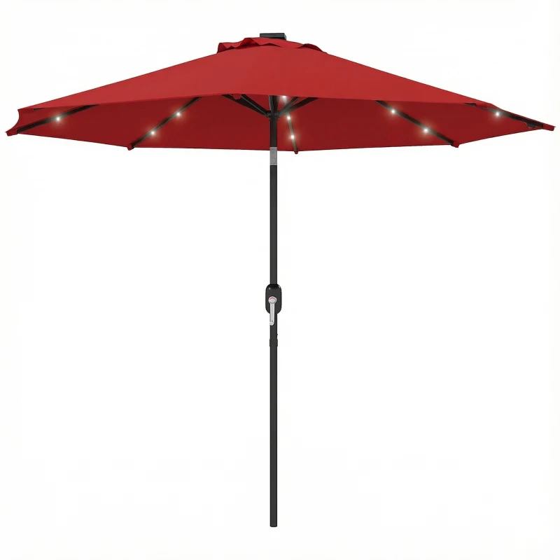 Outsunny 9ft Solar Patio Umbrella Outdoor Sunshade 24 LED Lights Tilt Canopy Wine Red