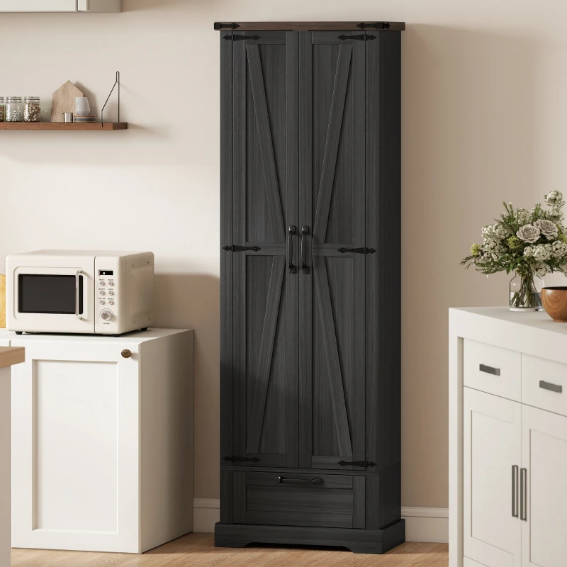 HOMCOM 71" Pantry Cabinet, Kitchen Storage Cabinet with Adjustable Shelves, Barn Doors and Drawer for Dining Room, Black