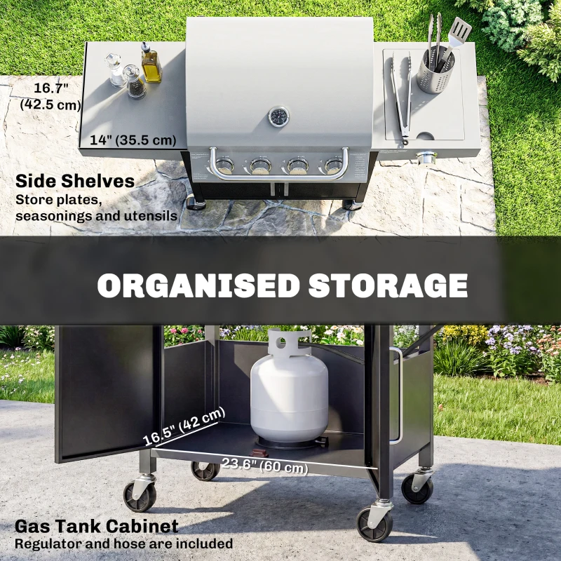 Outsunny 4+1 Burner Liquid Propane Gas Grill, Outdoor Portable BBQ Grill with Side Burner, Warming Rack, Side Shelf