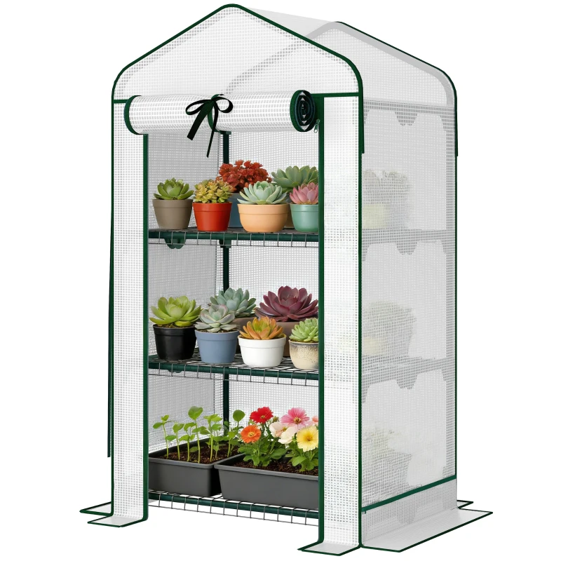 Outsunny Mini Greenhouse with Screen Roof, Portable Small Greenhouse with Roll-Up Zipper Door, 27.6" x 19.7" x 50", White