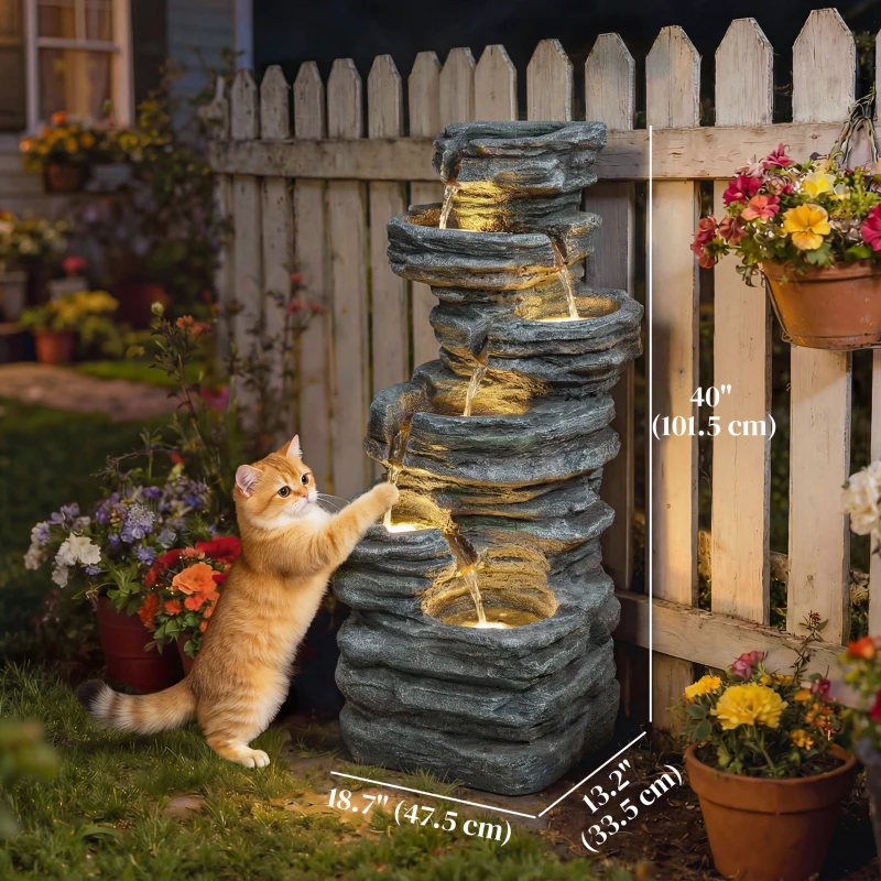 Outsunny Outdoor 6-Tier Water Fountain, Waterfall Fountain with LED Lights, Resin Waterfall Feature with Pump, Grey