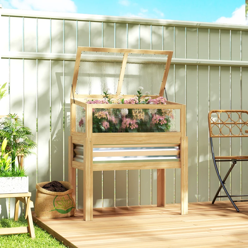 Outsunny Raised Garden Bed with Mini Greenhouse, Elevated Planter Box with Legs and Bed Liner for Flowers, Vegetables